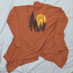 Soul Flower Organic Cotton Orange Cardigan Nature Mountain Tree Print Eco S/M